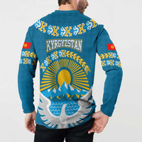 Kyrgyzstan Mountain Sunrise Button Sweatshirt with Blue with Eagle, Sun, and National Flag Design