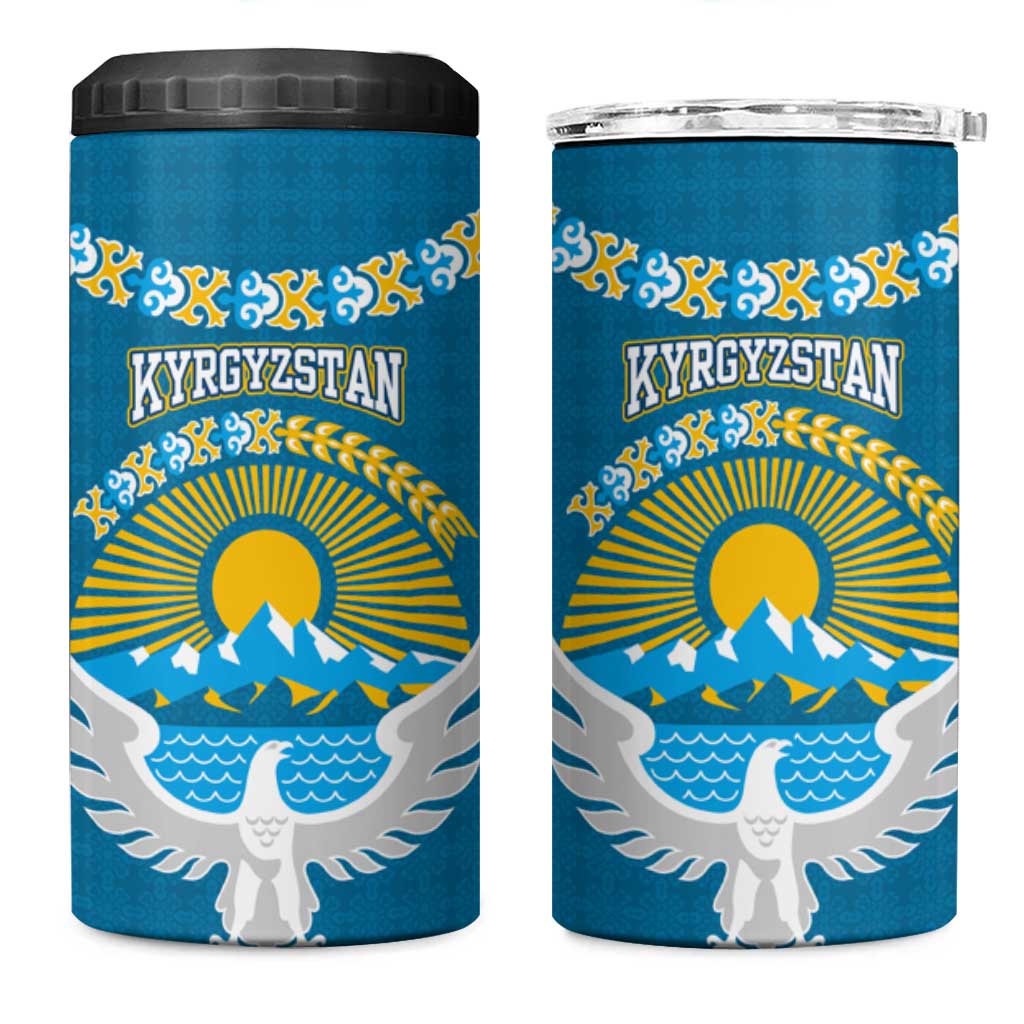 Kyrgyzstan Mountain Sunrise 4 in 1 Can Cooler Tumbler with Blue with Eagle, Sun, and National Flag Design