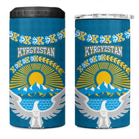 Kyrgyzstan Mountain Sunrise 4 in 1 Can Cooler Tumbler with Blue with Eagle, Sun, and National Flag Design