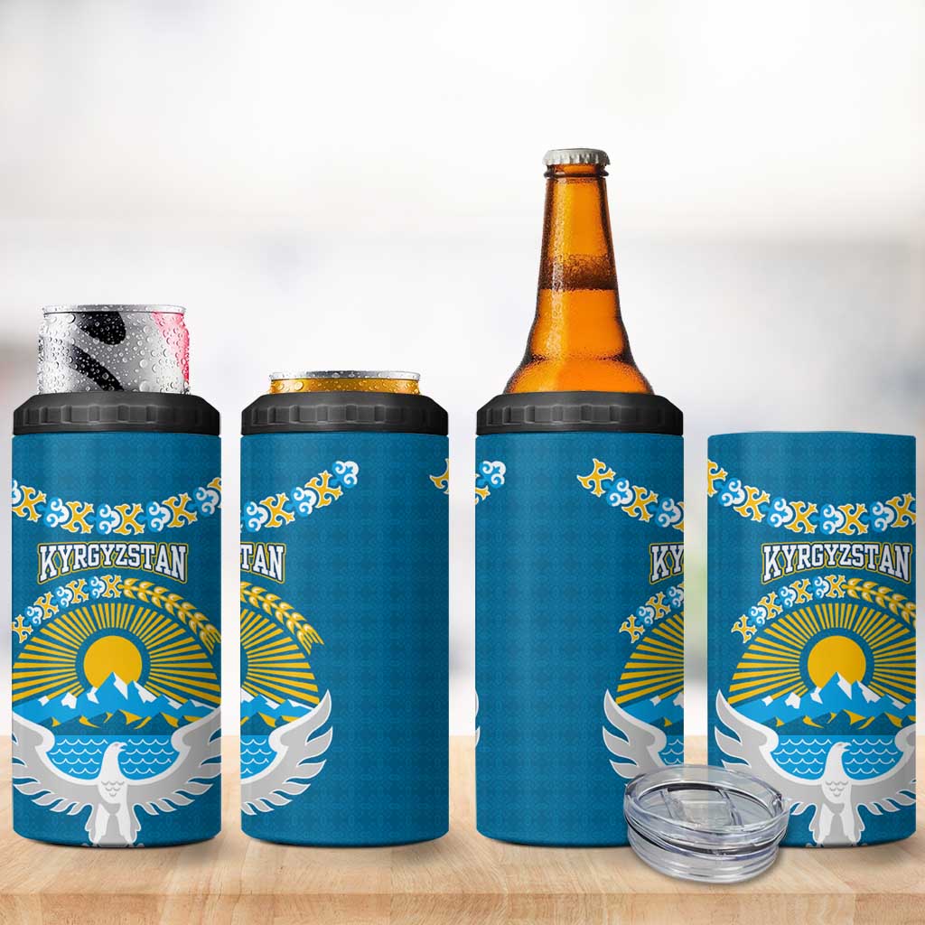 Kyrgyzstan Mountain Sunrise 4 in 1 Can Cooler Tumbler with Blue with Eagle, Sun, and National Flag Design