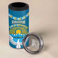 Kyrgyzstan Mountain Sunrise 4 in 1 Can Cooler Tumbler with Blue with Eagle, Sun, and National Flag Design
