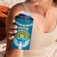 Kyrgyzstan Mountain Sunrise 4 in 1 Can Cooler Tumbler with Blue with Eagle, Sun, and National Flag Design