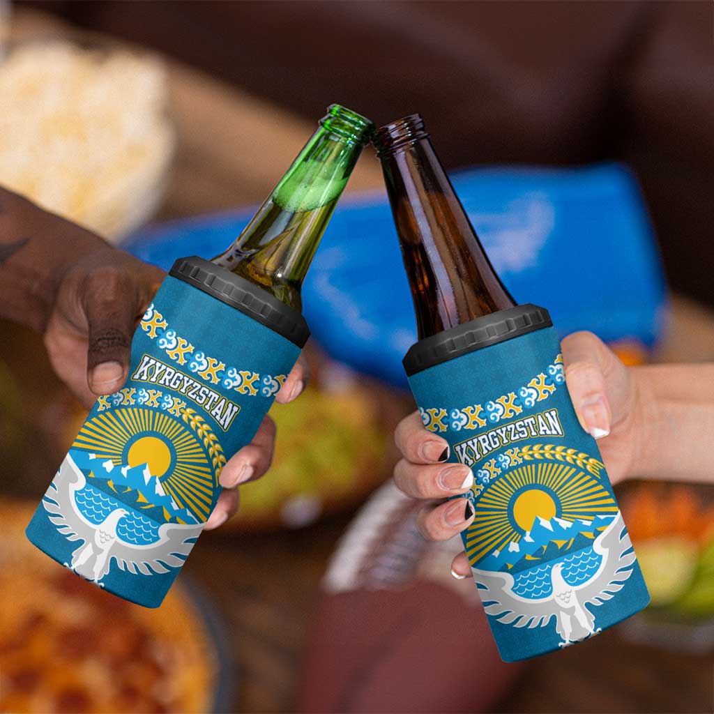 Kyrgyzstan Mountain Sunrise 4 in 1 Can Cooler Tumbler with Blue with Eagle, Sun, and National Flag Design