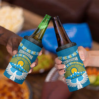 Kyrgyzstan Mountain Sunrise 4 in 1 Can Cooler Tumbler with Blue with Eagle, Sun, and National Flag Design