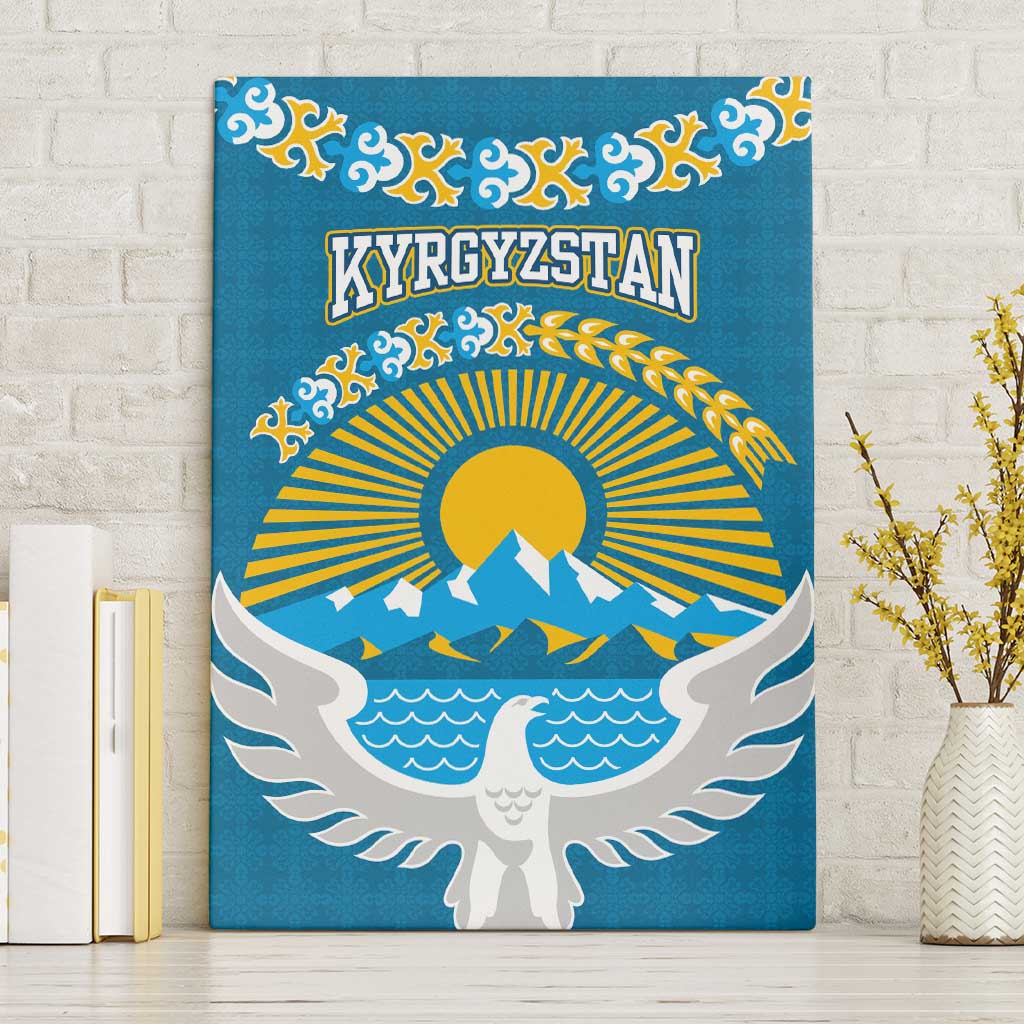 Kyrgyzstan Mountain Sunrise Canvas Wall Art with Blue with Eagle, Sun, and National Flag Design