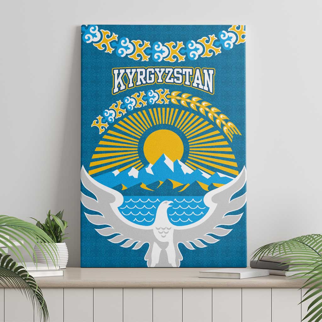 Kyrgyzstan Mountain Sunrise Canvas Wall Art with Blue with Eagle, Sun, and National Flag Design