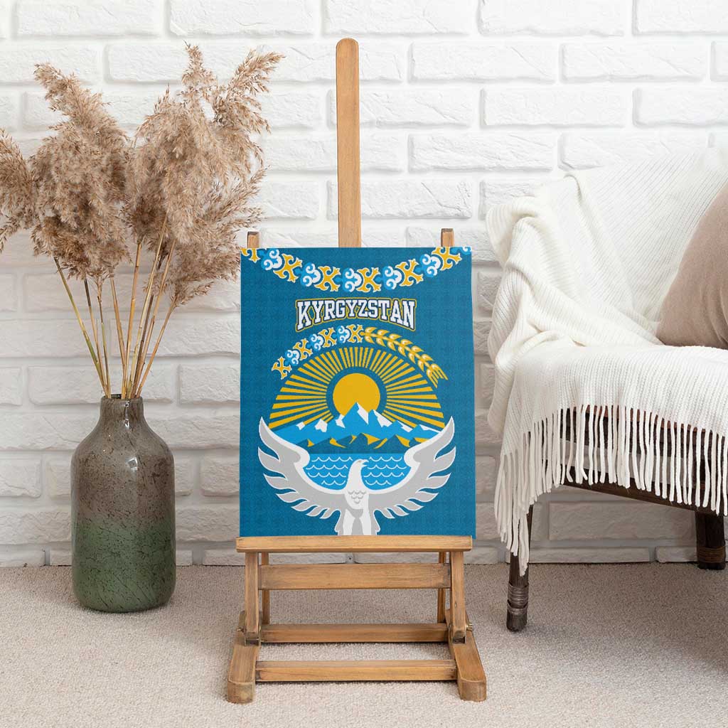 Kyrgyzstan Mountain Sunrise Canvas Wall Art with Blue with Eagle, Sun, and National Flag Design