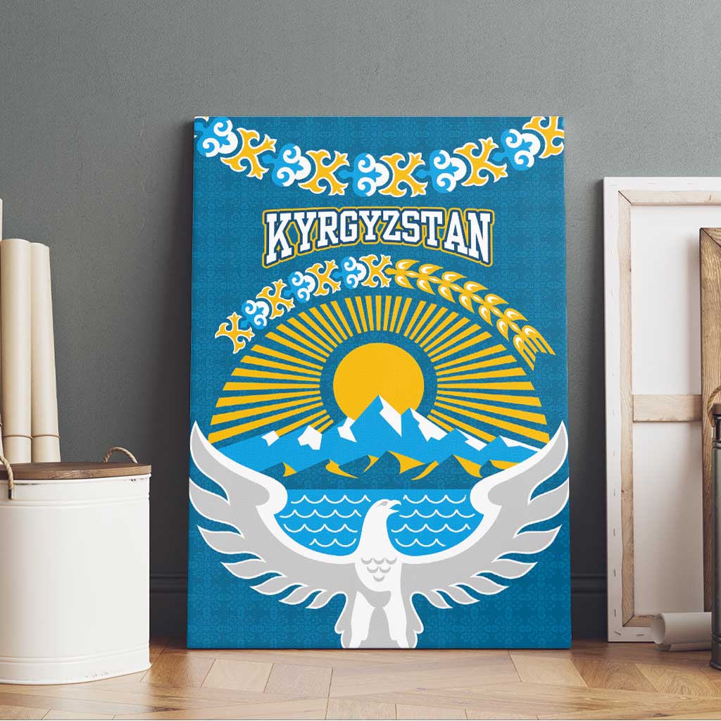 Kyrgyzstan Mountain Sunrise Canvas Wall Art with Blue with Eagle, Sun, and National Flag Design