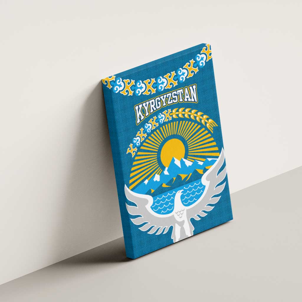 Kyrgyzstan Mountain Sunrise Canvas Wall Art with Blue with Eagle, Sun, and National Flag Design
