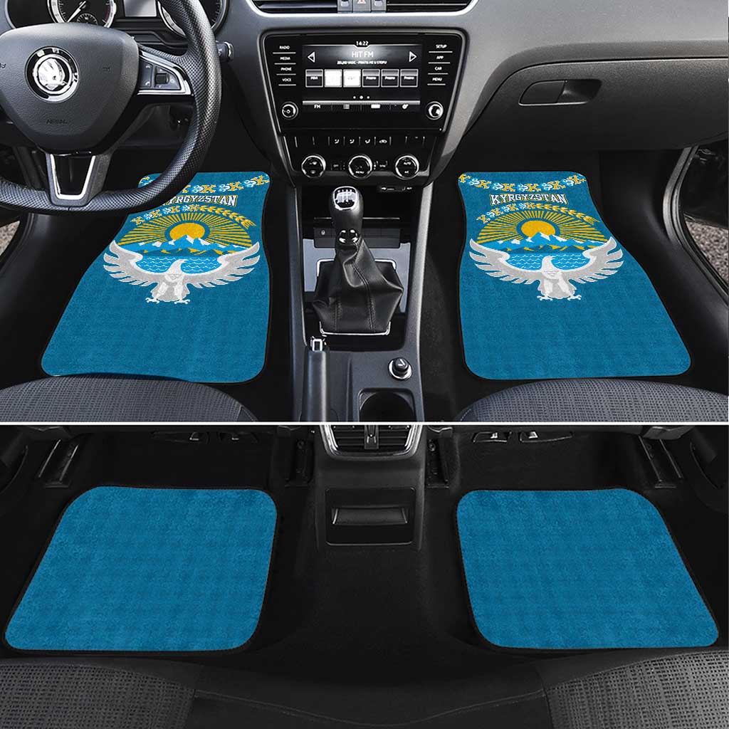 Kyrgyzstan Mountain Sunrise Car Mats with Blue with Eagle, Sun, and National Flag Design