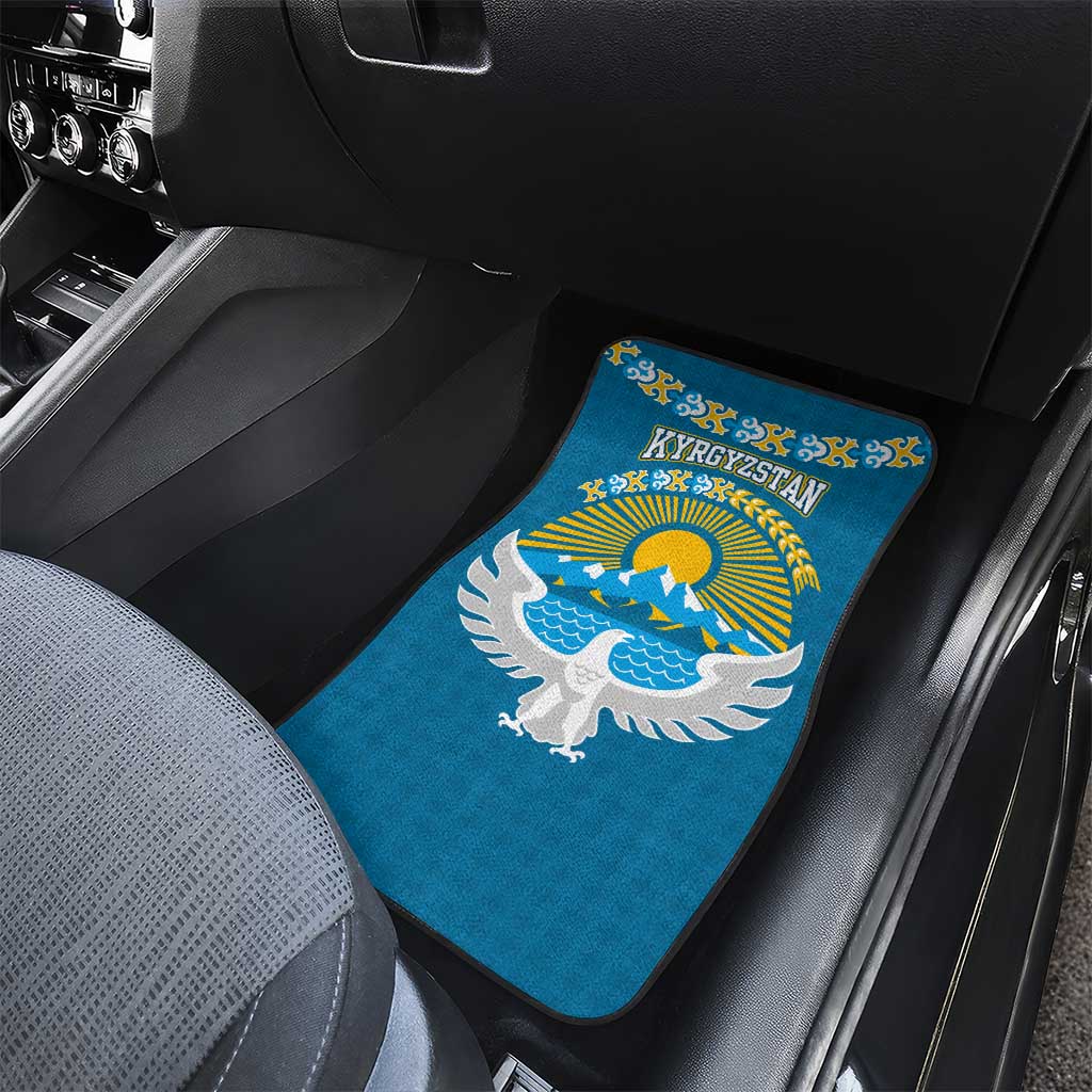 Kyrgyzstan Mountain Sunrise Car Mats with Blue with Eagle, Sun, and National Flag Design