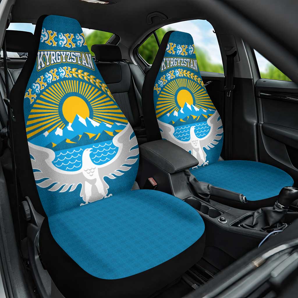 Kyrgyzstan Mountain Sunrise Car Seat Cover with Blue with Eagle, Sun, and National Flag Design