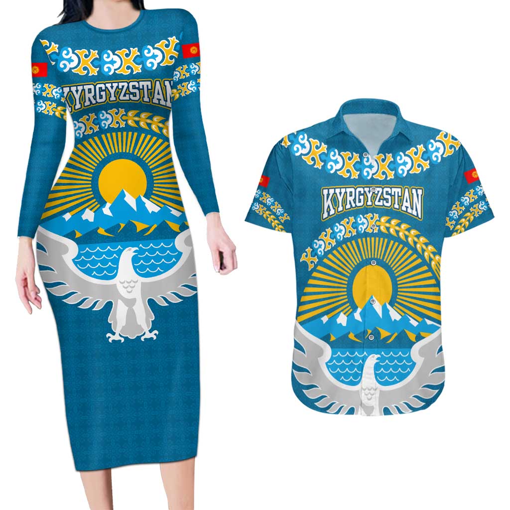 Kyrgyzstan Mountain Sunrise Couples Matching Long Sleeve Bodycon Dress and Hawaiian Shirt with Blue with Eagle, Sun, and National Flag Design