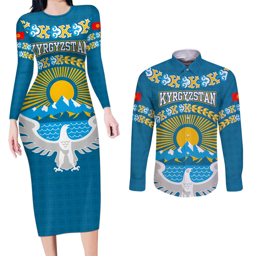 Kyrgyzstan Mountain Sunrise Couples Matching Long Sleeve Bodycon Dress and Long Sleeve Button Shirt with Blue with Eagle, Sun, and National Flag Design