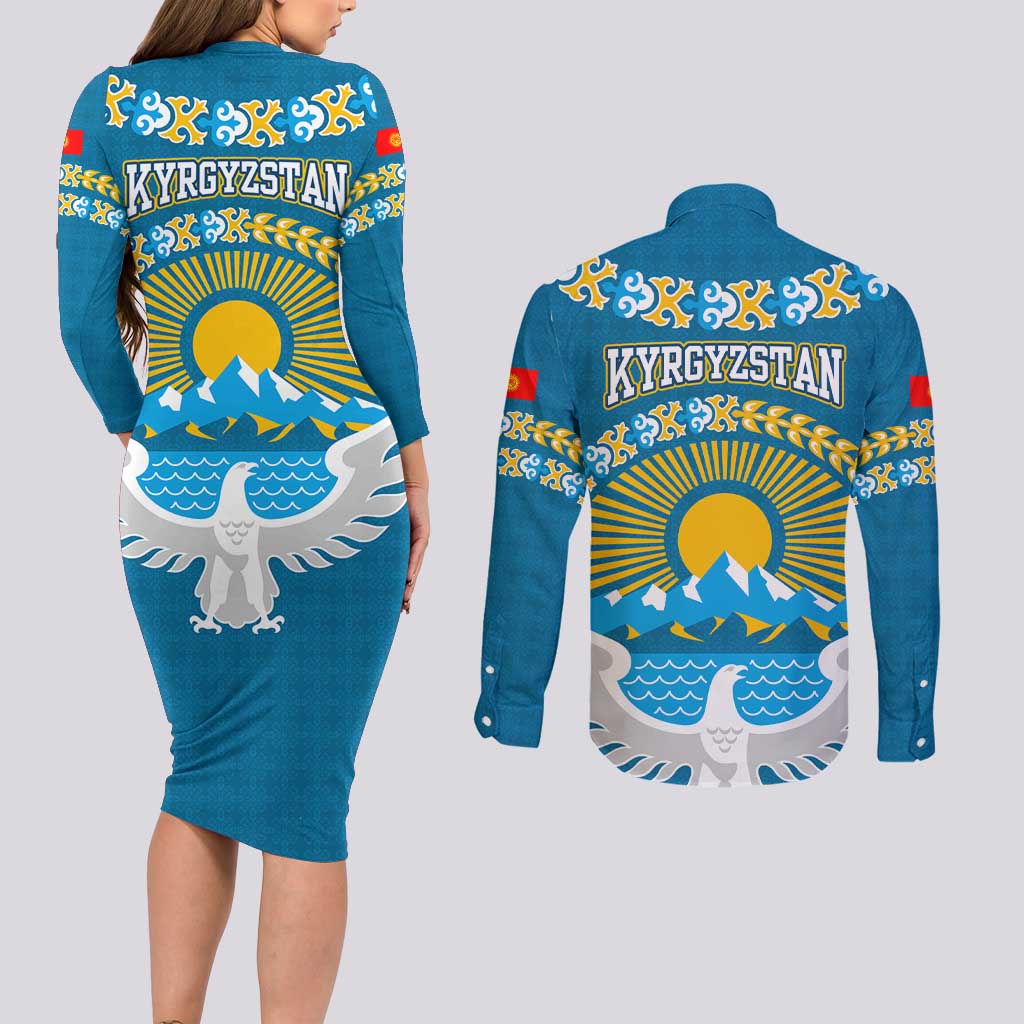 Kyrgyzstan Mountain Sunrise Couples Matching Long Sleeve Bodycon Dress and Long Sleeve Button Shirt with Blue with Eagle, Sun, and National Flag Design