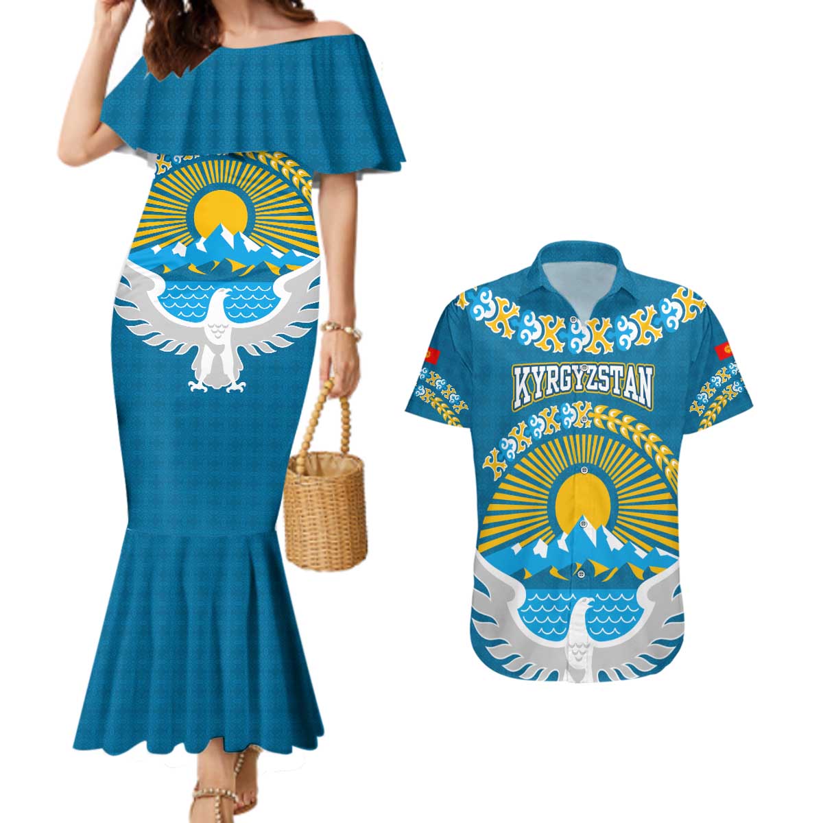 Kyrgyzstan Mountain Sunrise Couples Matching Mermaid Dress and Hawaiian Shirt with Blue with Eagle, Sun, and National Flag Design