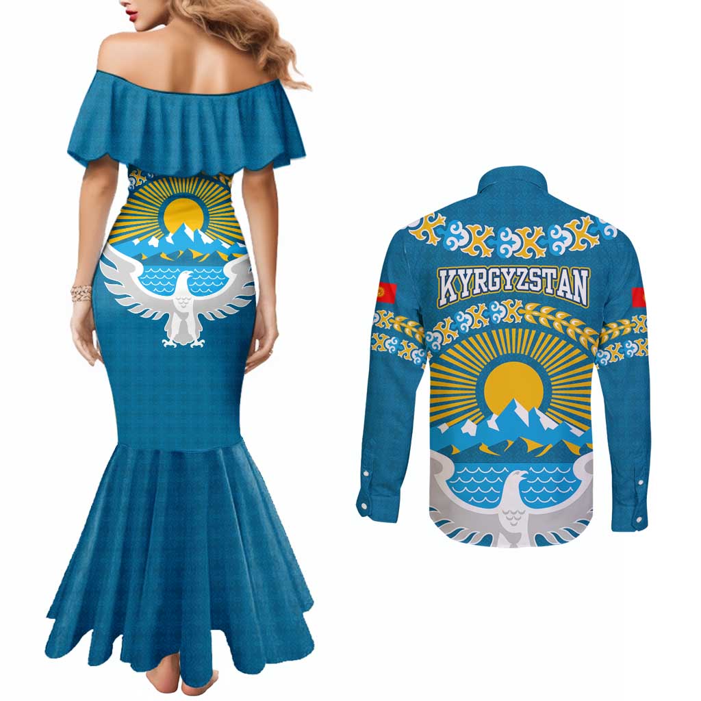 Kyrgyzstan Mountain Sunrise Couples Matching Mermaid Dress and Long Sleeve Button Shirt with Blue with Eagle, Sun, and National Flag Design