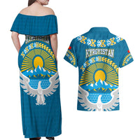Kyrgyzstan Mountain Sunrise Couples Matching Off Shoulder Maxi Dress and Hawaiian Shirt with Blue with Eagle, Sun, and National Flag Design