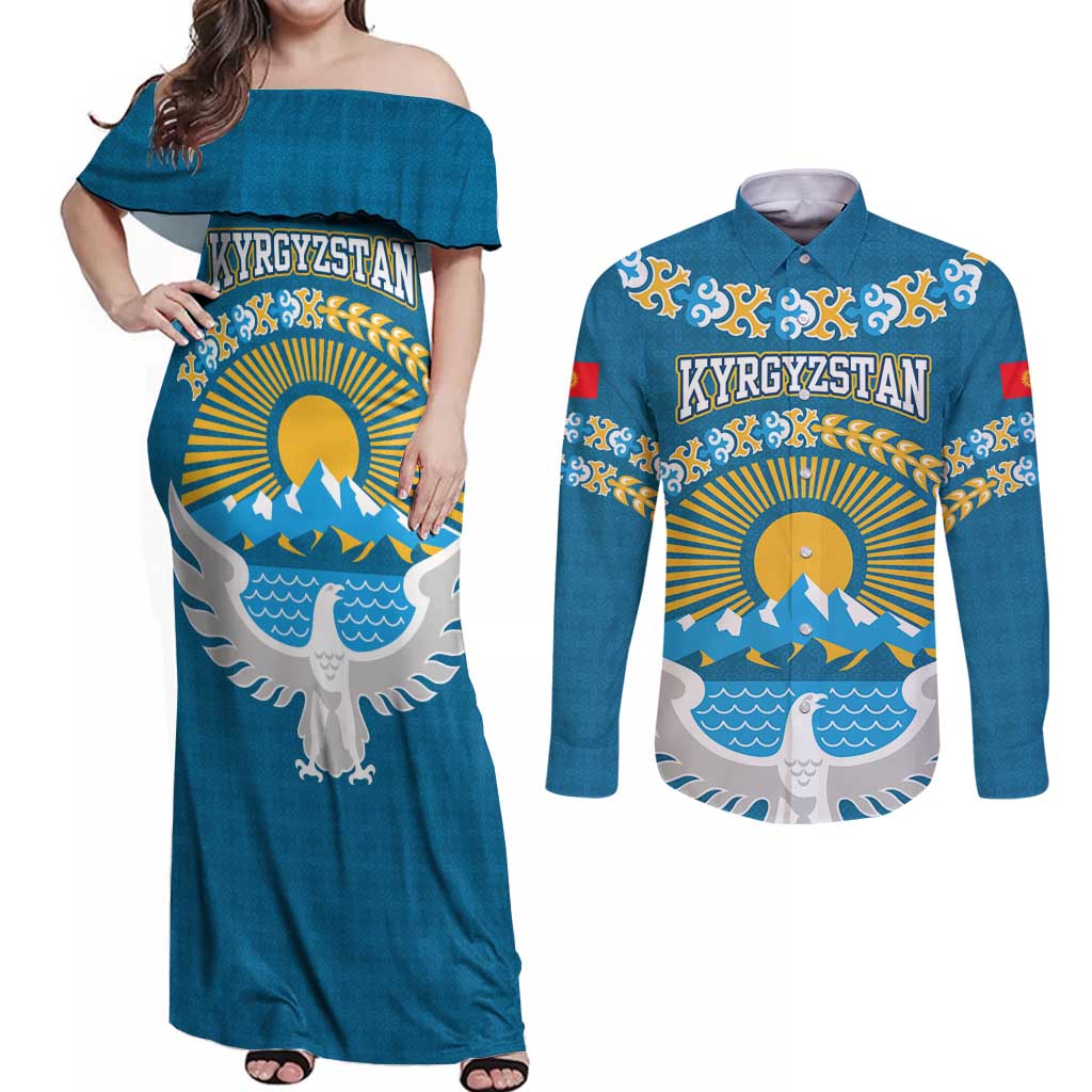 Kyrgyzstan Mountain Sunrise Couples Matching Off Shoulder Maxi Dress and Long Sleeve Button Shirt with Blue with Eagle, Sun, and National Flag Design
