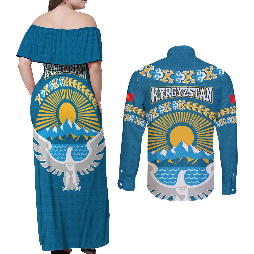 Kyrgyzstan Mountain Sunrise Couples Matching Off Shoulder Maxi Dress and Long Sleeve Button Shirt with Blue with Eagle, Sun, and National Flag Design