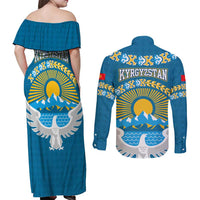 Kyrgyzstan Mountain Sunrise Couples Matching Off Shoulder Maxi Dress and Long Sleeve Button Shirt with Blue with Eagle, Sun, and National Flag Design