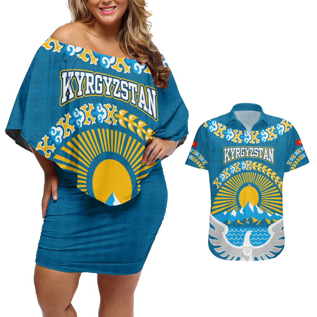 Kyrgyzstan Mountain Sunrise Couples Matching Off Shoulder Short Dress and Hawaiian Shirt with Blue with Eagle, Sun, and National Flag Design