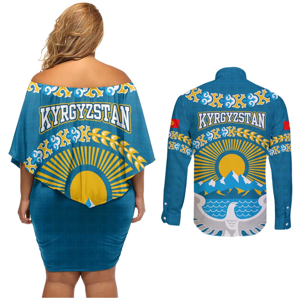 Kyrgyzstan Mountain Sunrise Couples Matching Off Shoulder Short Dress and Long Sleeve Button Shirt with Blue with Eagle, Sun, and National Flag Design