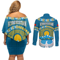 Kyrgyzstan Mountain Sunrise Couples Matching Off Shoulder Short Dress and Long Sleeve Button Shirt with Blue with Eagle, Sun, and National Flag Design