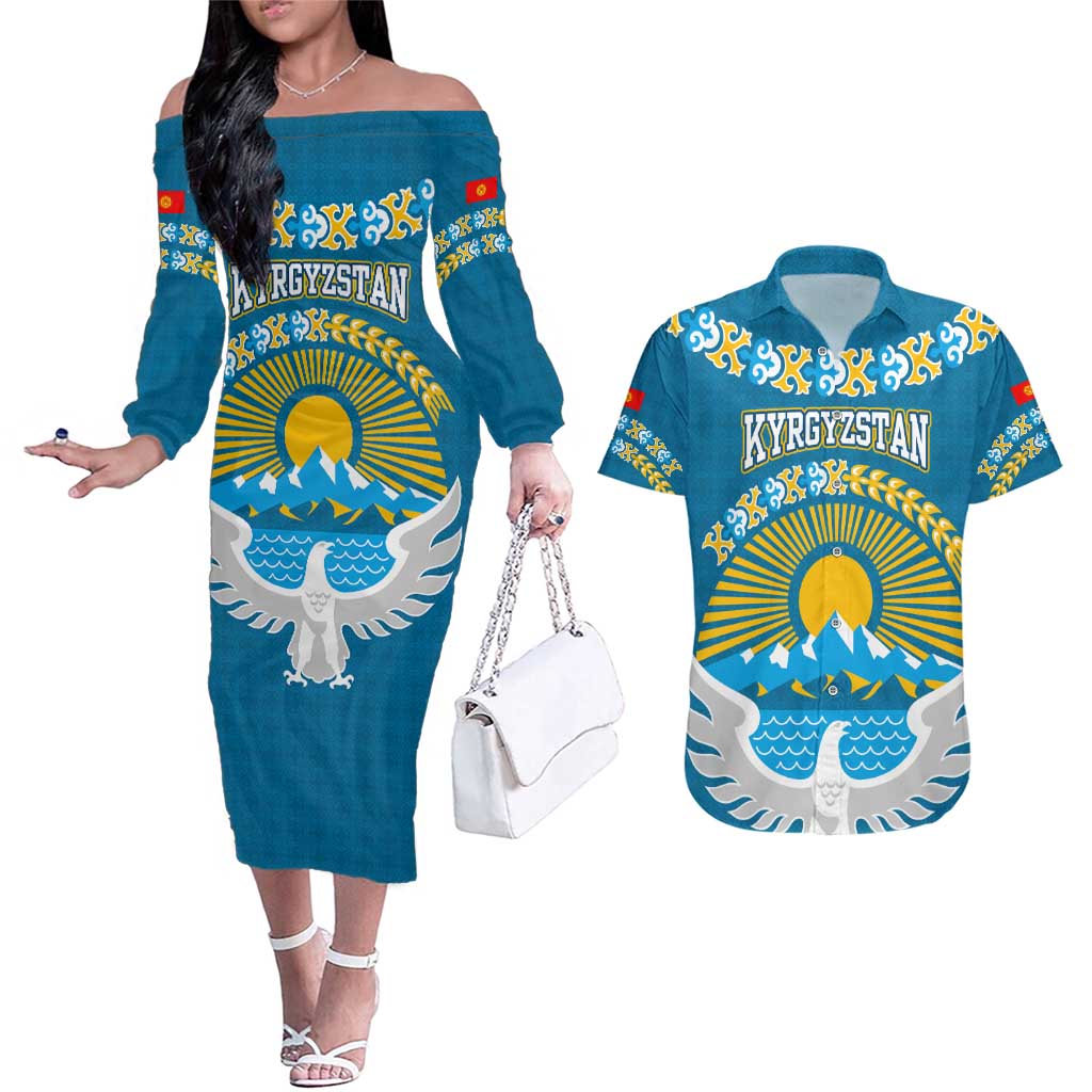 Kyrgyzstan Mountain Sunrise Couples Matching Off The Shoulder Long Sleeve Dress and Hawaiian Shirt with Blue with Eagle, Sun, and National Flag Design