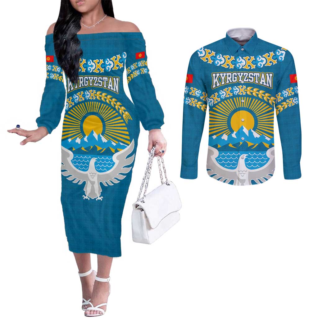 Kyrgyzstan Mountain Sunrise Couples Matching Off The Shoulder Long Sleeve Dress and Long Sleeve Button Shirt with Blue with Eagle, Sun, and National Flag Design