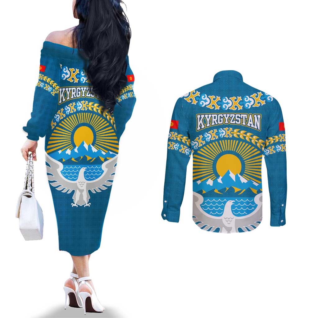 Kyrgyzstan Mountain Sunrise Couples Matching Off The Shoulder Long Sleeve Dress and Long Sleeve Button Shirt with Blue with Eagle, Sun, and National Flag Design