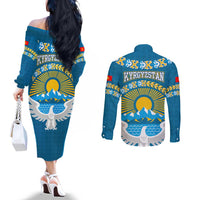 Kyrgyzstan Mountain Sunrise Couples Matching Off The Shoulder Long Sleeve Dress and Long Sleeve Button Shirt with Blue with Eagle, Sun, and National Flag Design