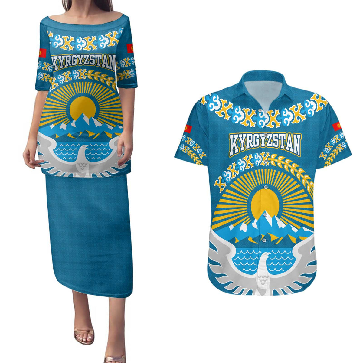 Kyrgyzstan Mountain Sunrise Couples Matching Puletasi and Hawaiian Shirt with Blue with Eagle, Sun, and National Flag Design