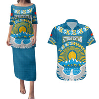 Kyrgyzstan Mountain Sunrise Couples Matching Puletasi and Hawaiian Shirt with Blue with Eagle, Sun, and National Flag Design