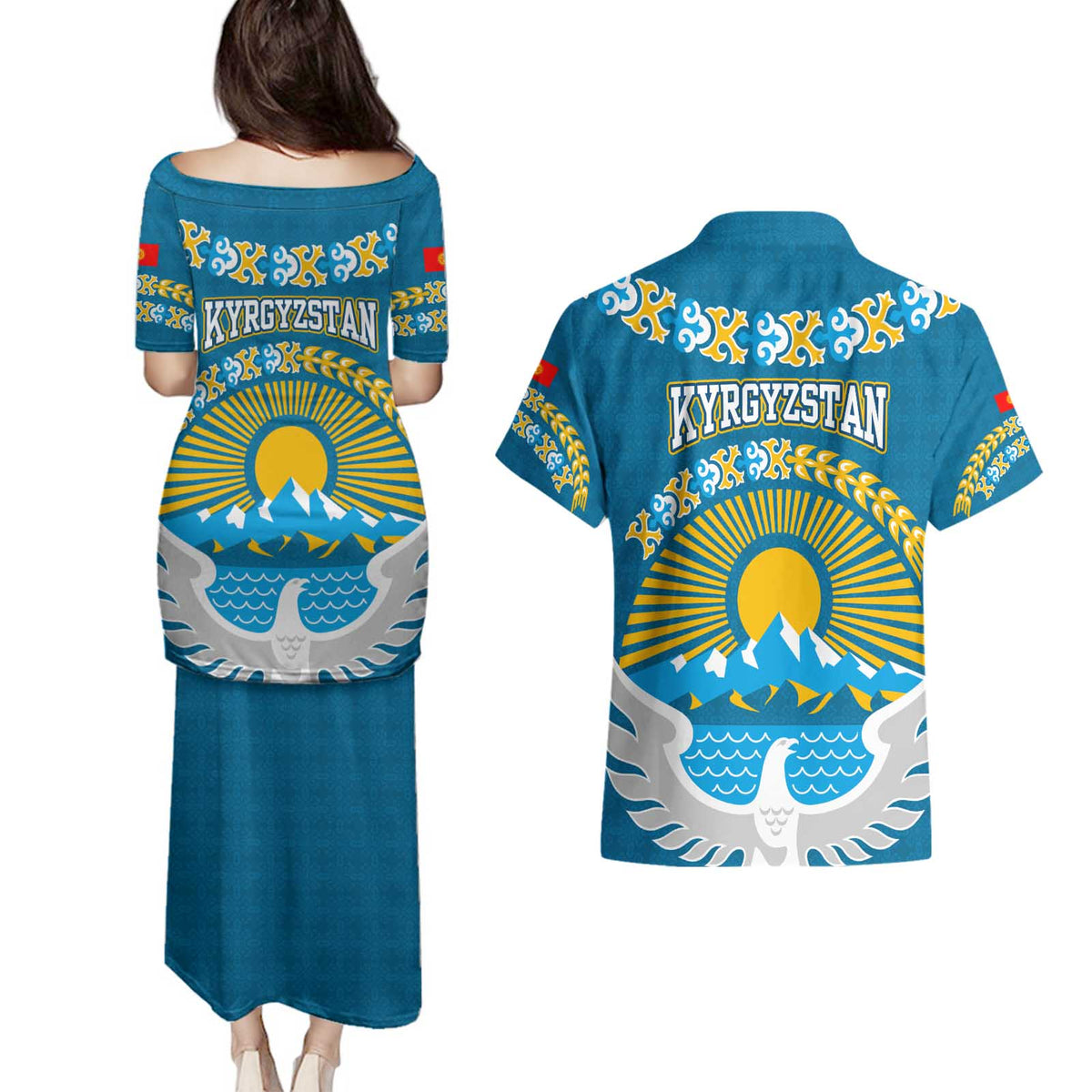 Kyrgyzstan Mountain Sunrise Couples Matching Puletasi and Hawaiian Shirt with Blue with Eagle, Sun, and National Flag Design