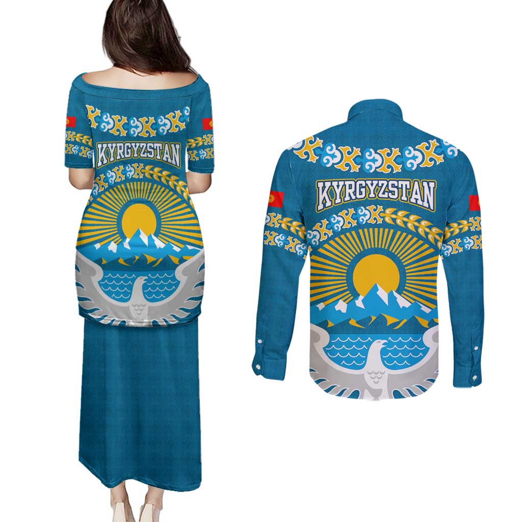 Kyrgyzstan Mountain Sunrise Couples Matching Puletasi and Long Sleeve Button Shirt with Blue with Eagle, Sun, and National Flag Design
