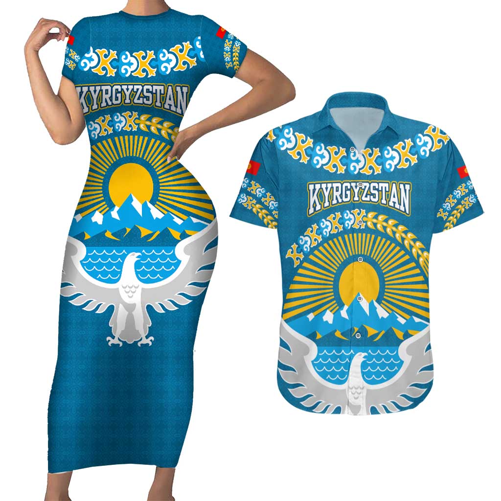 Kyrgyzstan Mountain Sunrise Couples Matching Short Sleeve Bodycon Dress and Hawaiian Shirt with Blue with Eagle, Sun, and National Flag Design