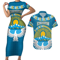 Kyrgyzstan Mountain Sunrise Couples Matching Short Sleeve Bodycon Dress and Hawaiian Shirt with Blue with Eagle, Sun, and National Flag Design