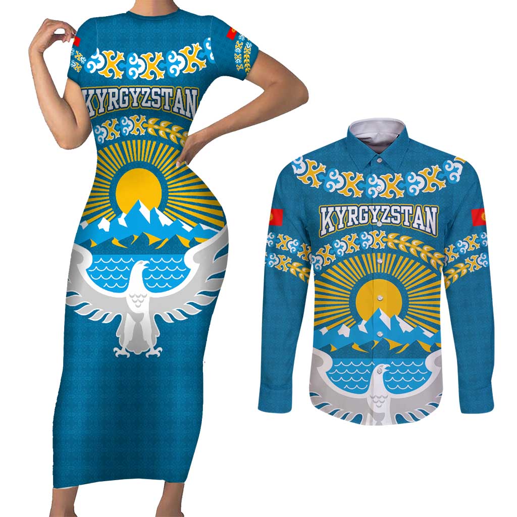Kyrgyzstan Mountain Sunrise Couples Matching Short Sleeve Bodycon Dress and Long Sleeve Button Shirt with Blue with Eagle, Sun, and National Flag Design