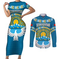Kyrgyzstan Mountain Sunrise Couples Matching Short Sleeve Bodycon Dress and Long Sleeve Button Shirt with Blue with Eagle, Sun, and National Flag Design