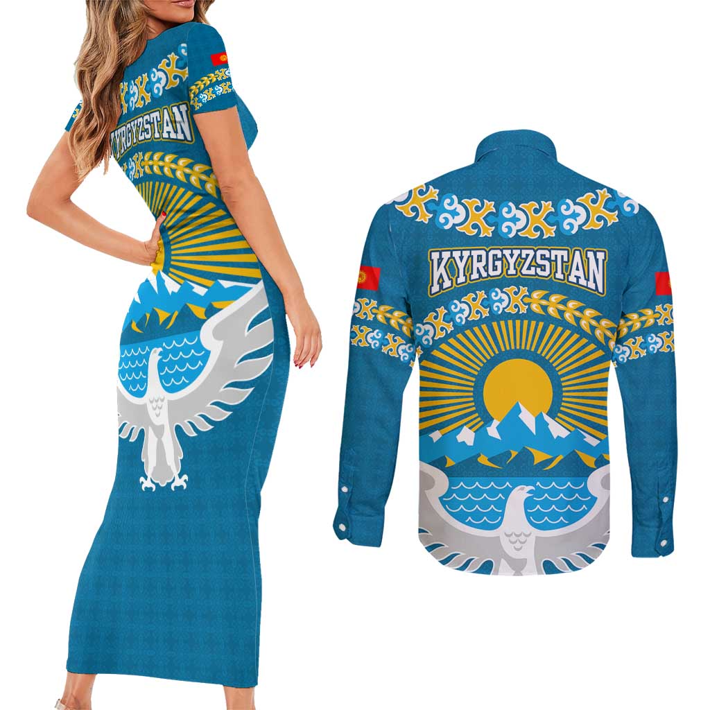 Kyrgyzstan Mountain Sunrise Couples Matching Short Sleeve Bodycon Dress and Long Sleeve Button Shirt with Blue with Eagle, Sun, and National Flag Design