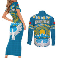Kyrgyzstan Mountain Sunrise Couples Matching Short Sleeve Bodycon Dress and Long Sleeve Button Shirt with Blue with Eagle, Sun, and National Flag Design