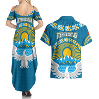 Kyrgyzstan Mountain Sunrise Couples Matching Summer Maxi Dress and Hawaiian Shirt with Blue with Eagle, Sun, and National Flag Design