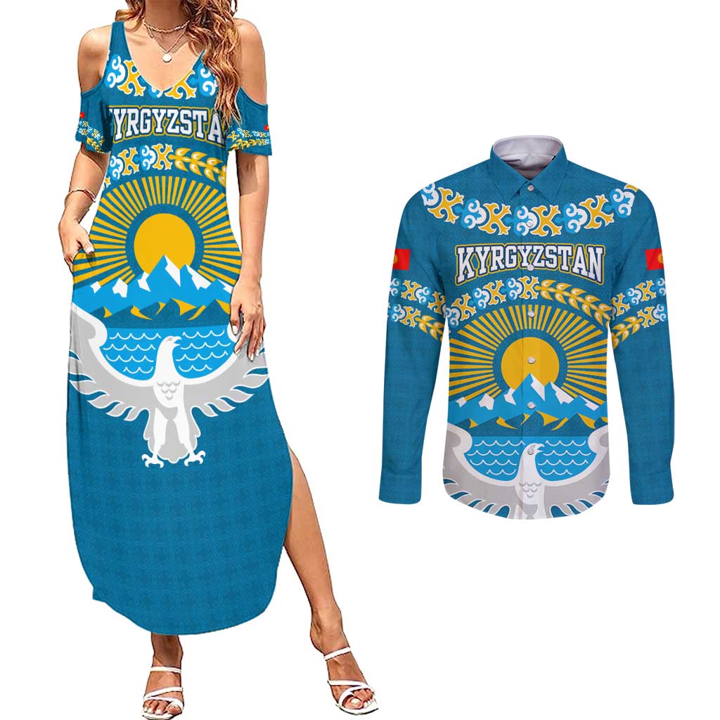 Kyrgyzstan Mountain Sunrise Couples Matching Summer Maxi Dress and Long Sleeve Button Shirt with Blue with Eagle, Sun, and National Flag Design