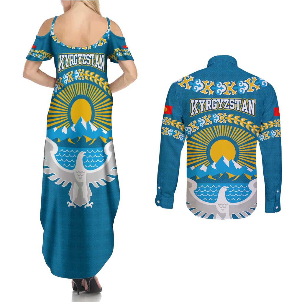 Kyrgyzstan Mountain Sunrise Couples Matching Summer Maxi Dress and Long Sleeve Button Shirt with Blue with Eagle, Sun, and National Flag Design