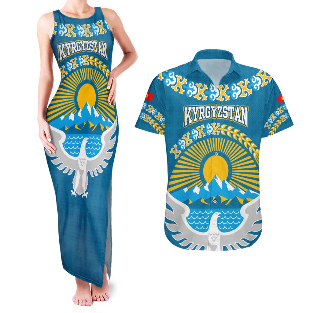 Kyrgyzstan Mountain Sunrise Couples Matching Tank Maxi Dress and Hawaiian Shirt with Blue with Eagle, Sun, and National Flag Design