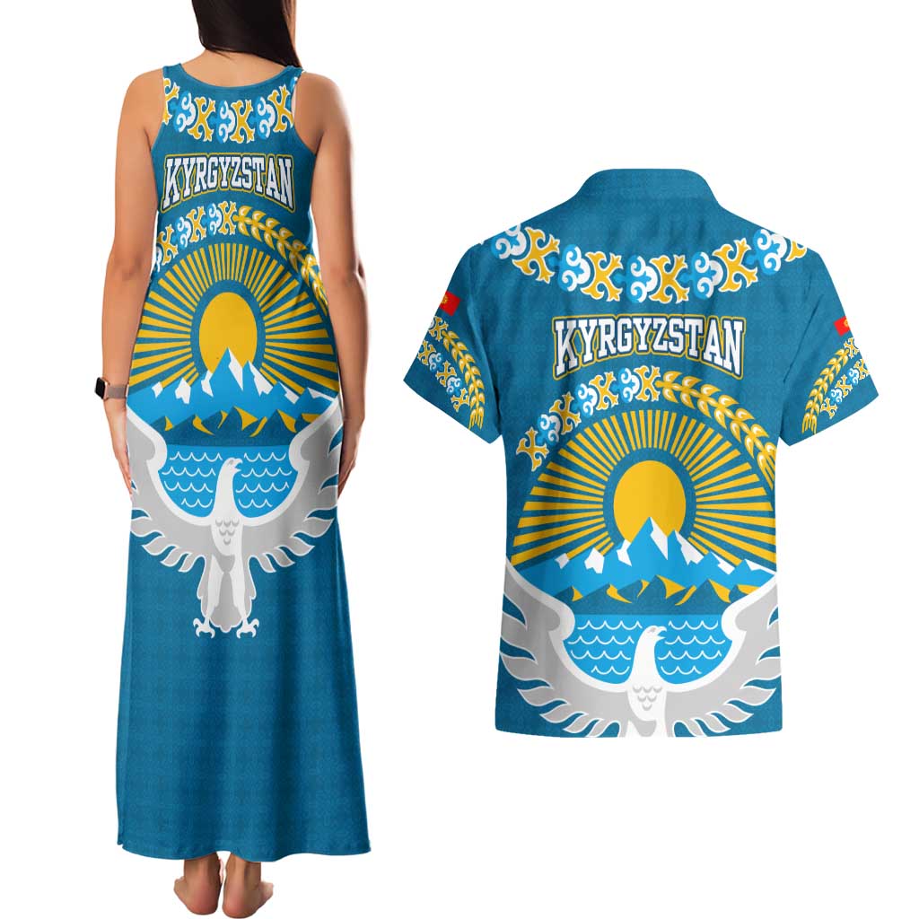 Kyrgyzstan Mountain Sunrise Couples Matching Tank Maxi Dress and Hawaiian Shirt with Blue with Eagle, Sun, and National Flag Design