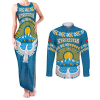 Kyrgyzstan Mountain Sunrise Couples Matching Tank Maxi Dress and Long Sleeve Button Shirt with Blue with Eagle, Sun, and National Flag Design