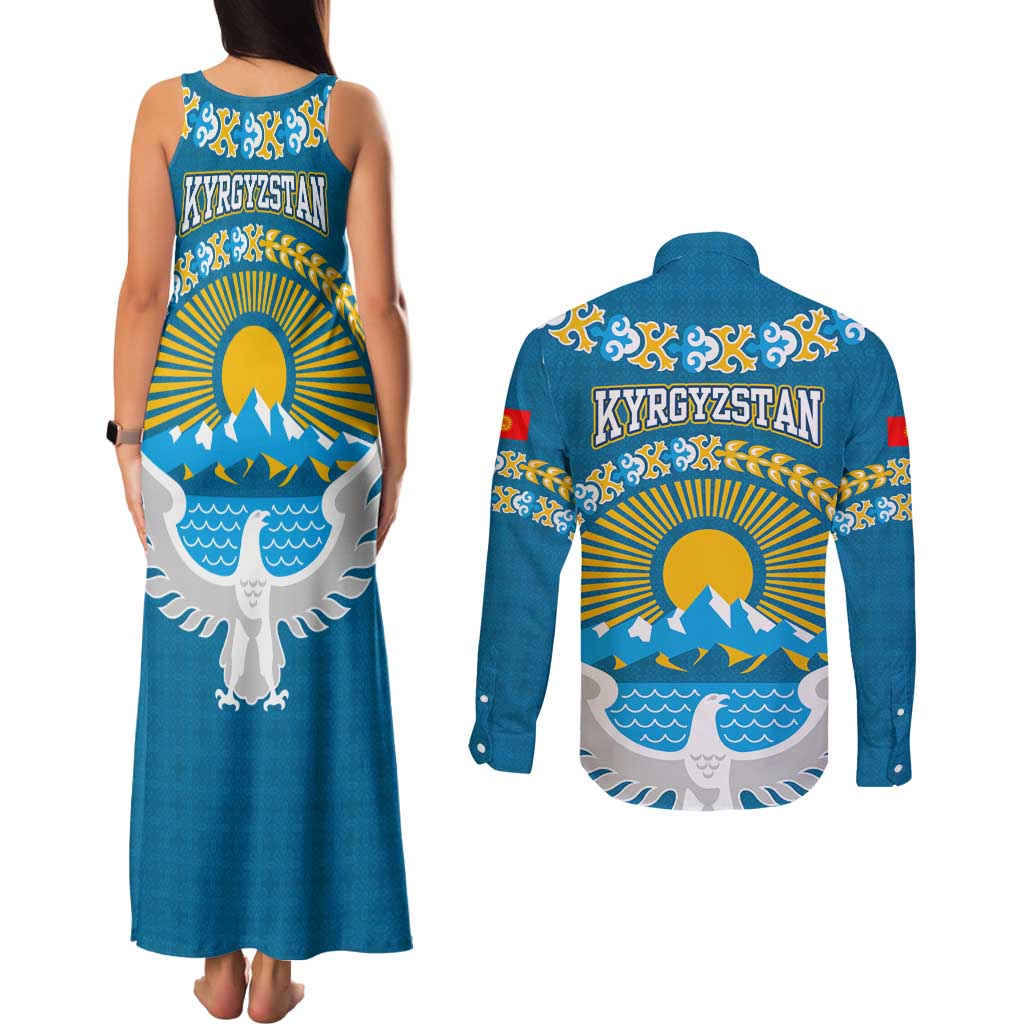 Kyrgyzstan Mountain Sunrise Couples Matching Tank Maxi Dress and Long Sleeve Button Shirt with Blue with Eagle, Sun, and National Flag Design