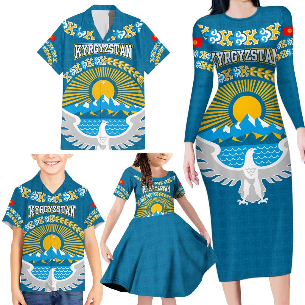 Kyrgyzstan Mountain Sunrise Family Matching Long Sleeve Bodycon Dress and Hawaiian Shirt with Blue with Eagle, Sun, and National Flag Design
